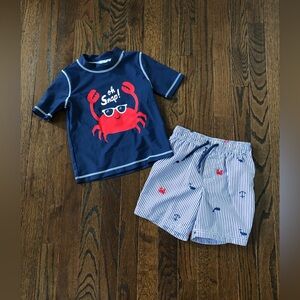 Carter’s Boys 4T Navy Blue/White “Oh Snap” Crab 2-Piece Bathing Suit - EUC!